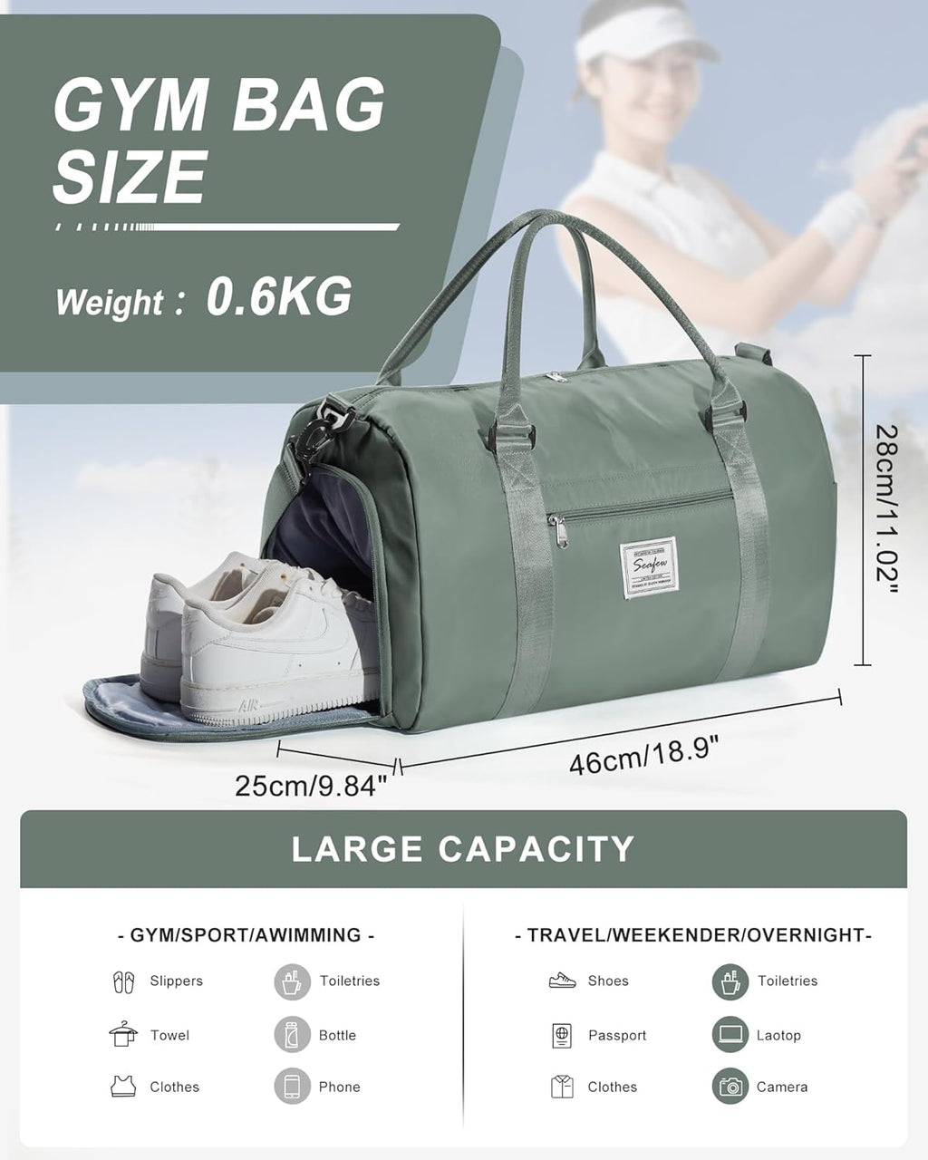 Gym Duffle Travel Bag for Women Men with Shoe Compartment and Wet Pocket!